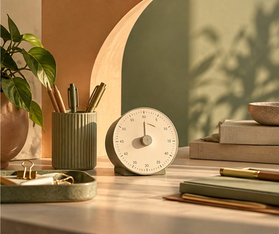 Quiet analog timer, stationery and green plants